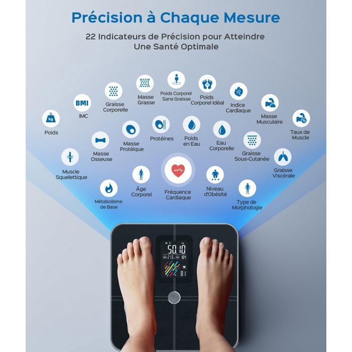 Bathroom Scale, Bluetooth Smart Scale with 22 Data Points, Heart Rate Monitor, VA Display, Compatible with iOS & Android App, Max. 180kg