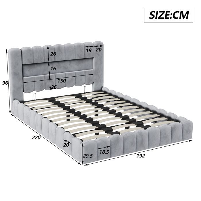 Tweepersoonsbed 180x200 cm - SUNFECILI - Grijs - Met LED-lichtstrip - USB-oplaadpunt - Inclusief hoofdbord