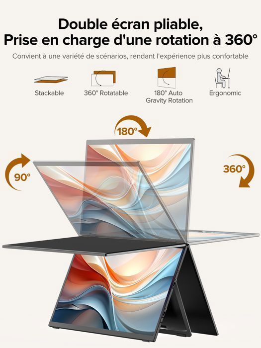 Dual-screen portable monitor, 15.6-inch, 1080p Full HD, 300 cd/m² brightness, 100% sRGB/VESA compatibility, mini HDMI, Type-C interface