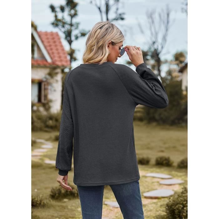 Pull Femme Manches Longues Col Rond Pullover Lâche Confortable Couleur Unie Pour Printemps Et Automne - Taille EU - Gris Fonce