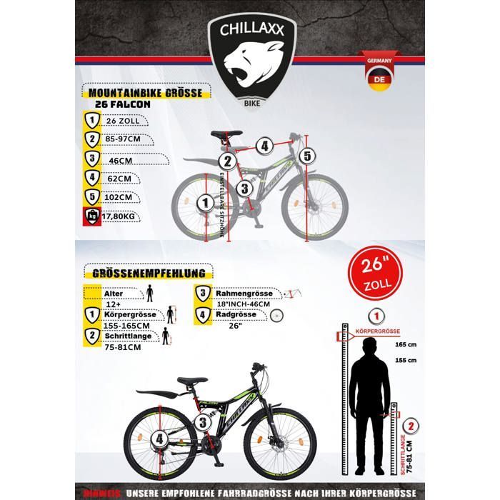 Vélo VTT Chillaxx Falcon 24 et 26,Suspension Complète,21 Vitesses,Frein à Disque,Cadre en Acier