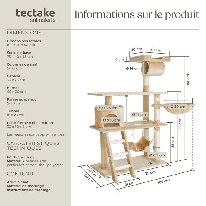 Arbre à chat - TECTAKE - Mobilier pour chat MARCEL 141 cm de hauteur avec cordelette, griffoir et zones de couchage - Beige
