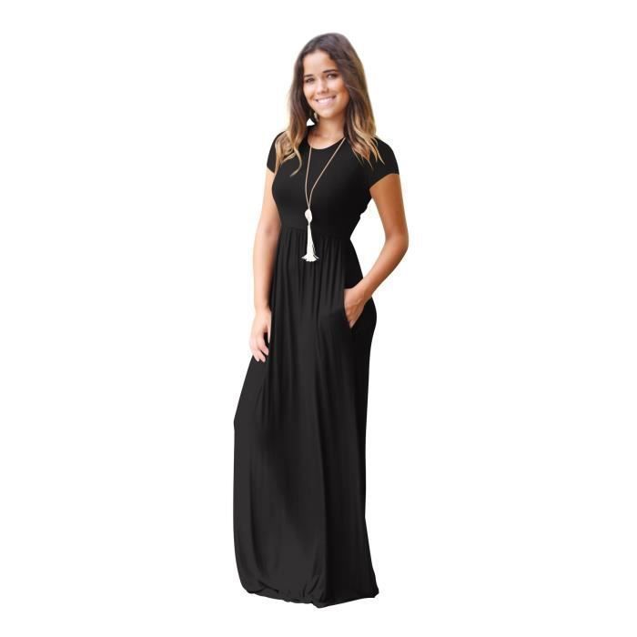 Abito lungo estivo da donna, scollo rotondo, tinta unita, con tasche.