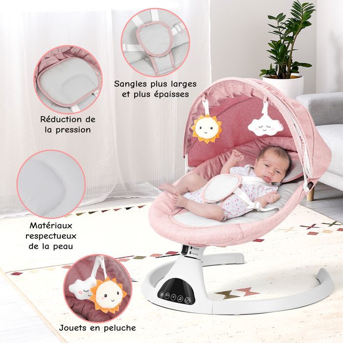 Cadeira de balanço elétrica para bebês com controle remoto, 5 velocidades de balanço e música via Bluetooth, rosa.
