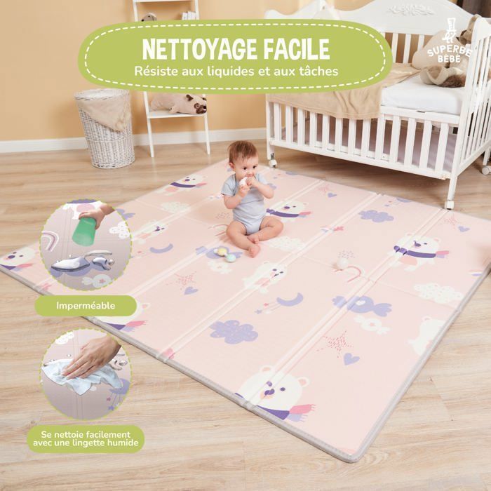 Tapete de atividades dobrável, reversível e à prova d'água - 180x150x1cm | Tapete de espuma para crianças - PANDA ROSA | SUPERB BABY