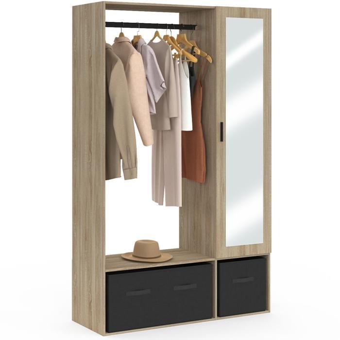 Armadio IDMARKET BERENICE 105 x 40 x 172 cm in faggio con ripiani + contenitori neri + specchio