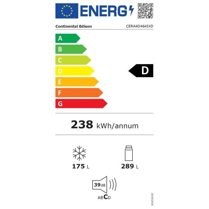 Frigorífico de 4 puertas con dispensador de agua - 464 L - Total No Frost - 79 cm de ancho x 180 cm de alto - Acero inoxidable - Clase energética D