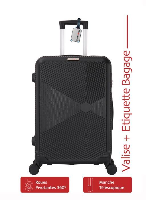 Cabinekoffer 55 cm, harde ABS-schaal, gitzwart + gratis bagagelabel - 4 x 360° wielen - 2,5 kg - 39 liter – ADC