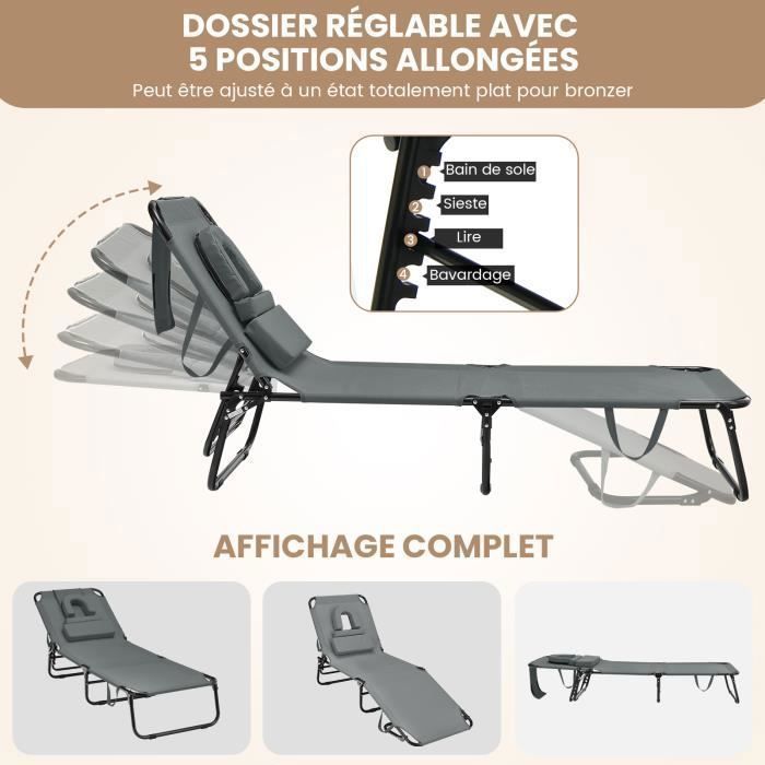 Lettino prendisole pieghevole COSTWAY, regolabile in 5 posizioni - Poggiatesta e foro per il viso, per patio, campeggio, portata massima 160 kg, grigio