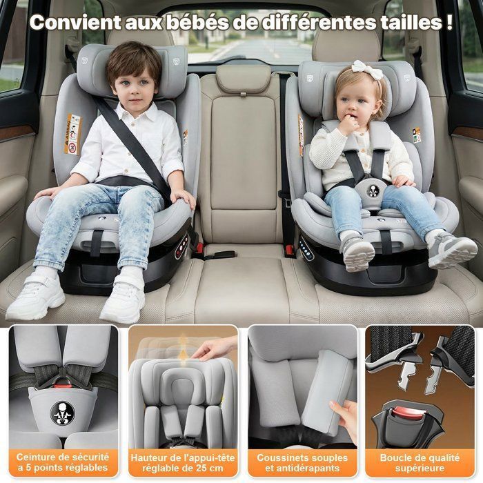 KITYTETY ISOFIX LATCH 360° Rotating Car Seat 40-150 cm, I-SIZE R129/04 - Group 0+/1/2/3, SIP Protection, Adjustable Recline - Grey