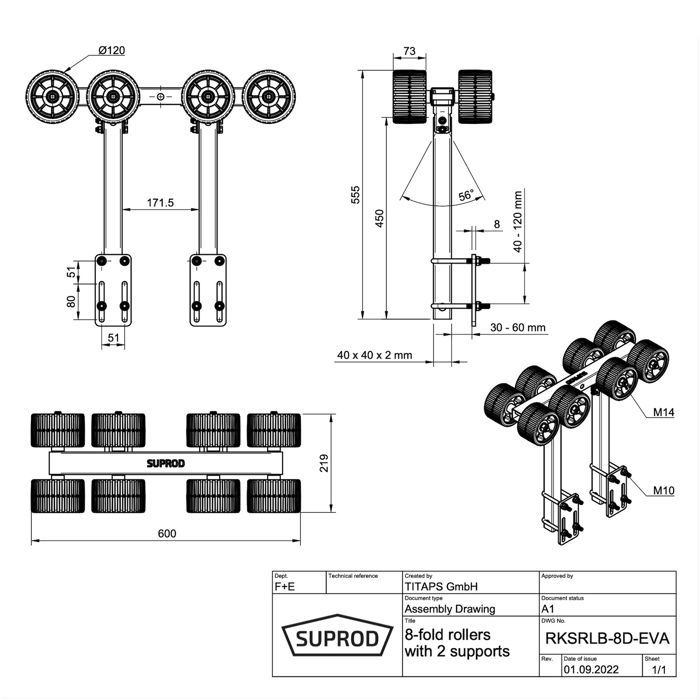 8-roller boat launch aid with 2 supports, EVA SUPROD boat trailer, Ø 120 mm, blue/black