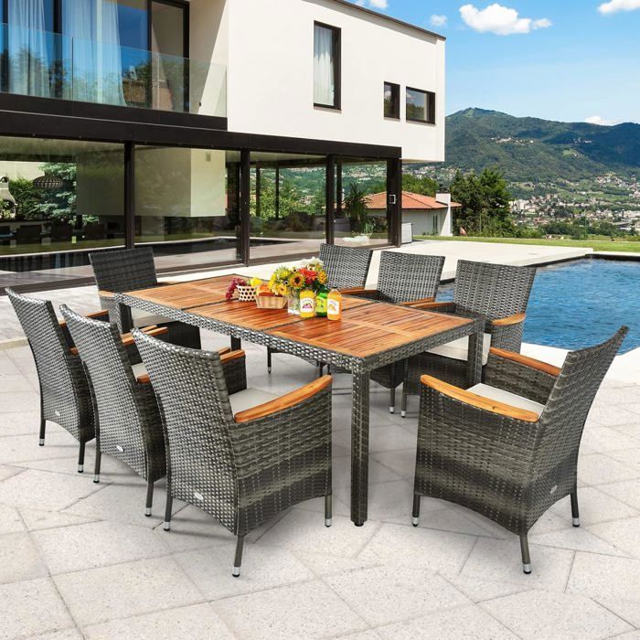 Conjunto de muebles de jardín COSTWAY con 1 mesa y 8 sillas de madera y ratán resistente a los rayos UV, patas ajustables y cojines impermeables incluidos, color gris.