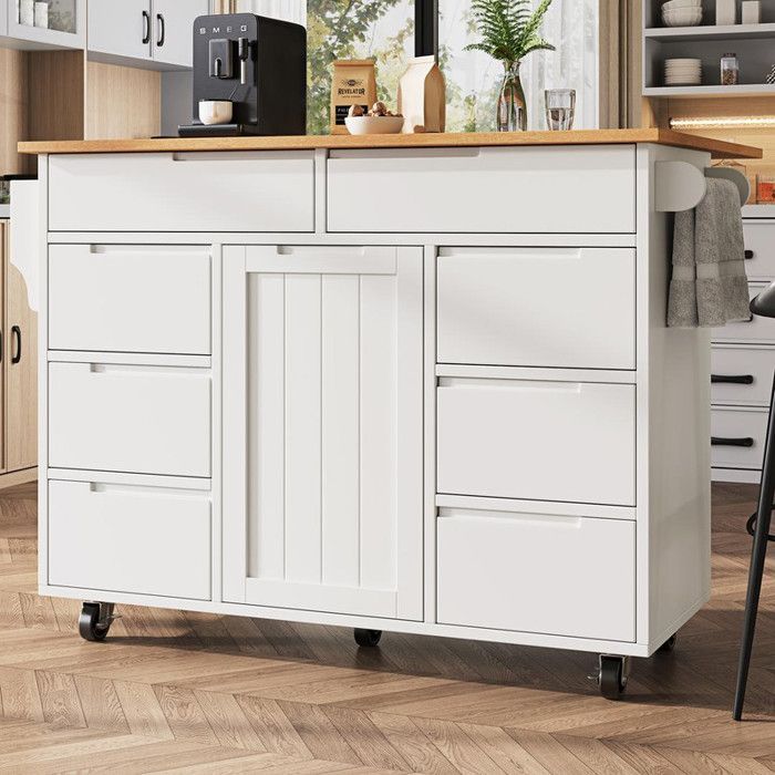 Isola cucina, mobile cucina, isola centrale con ruote e piano di lavoro, carrello di servizio con porta spezie e 8 cassetti