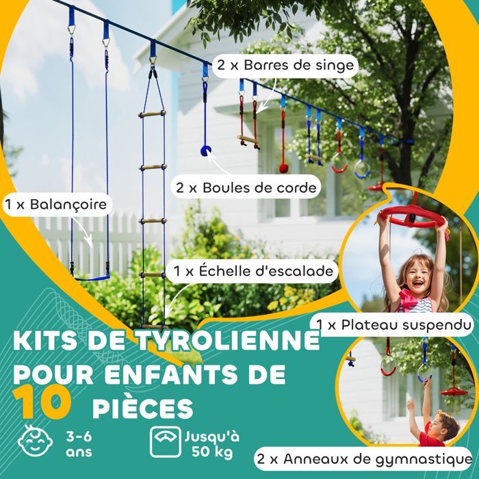 Ninja-hindernisbaan voor kinderen - AIYAPLAY - 10 accessoires - 10 meter slackline en draagtas - blauw