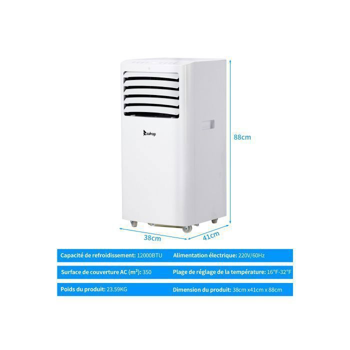 Aire acondicionado portátil de 12000 BTU - Temporizador de 24 horas - Refrigerante R290 - Clase energética A