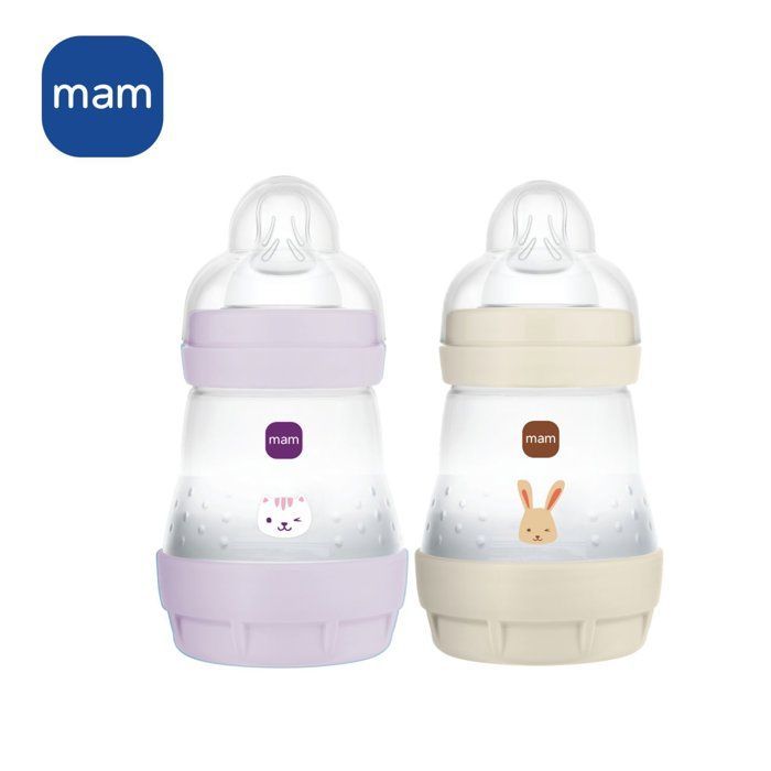 Sett med 2 babyflasker - MAM - Easy Start - Anti-kolikk - 160 ml - Smokk størrelse 1 - Lilla + Sand
