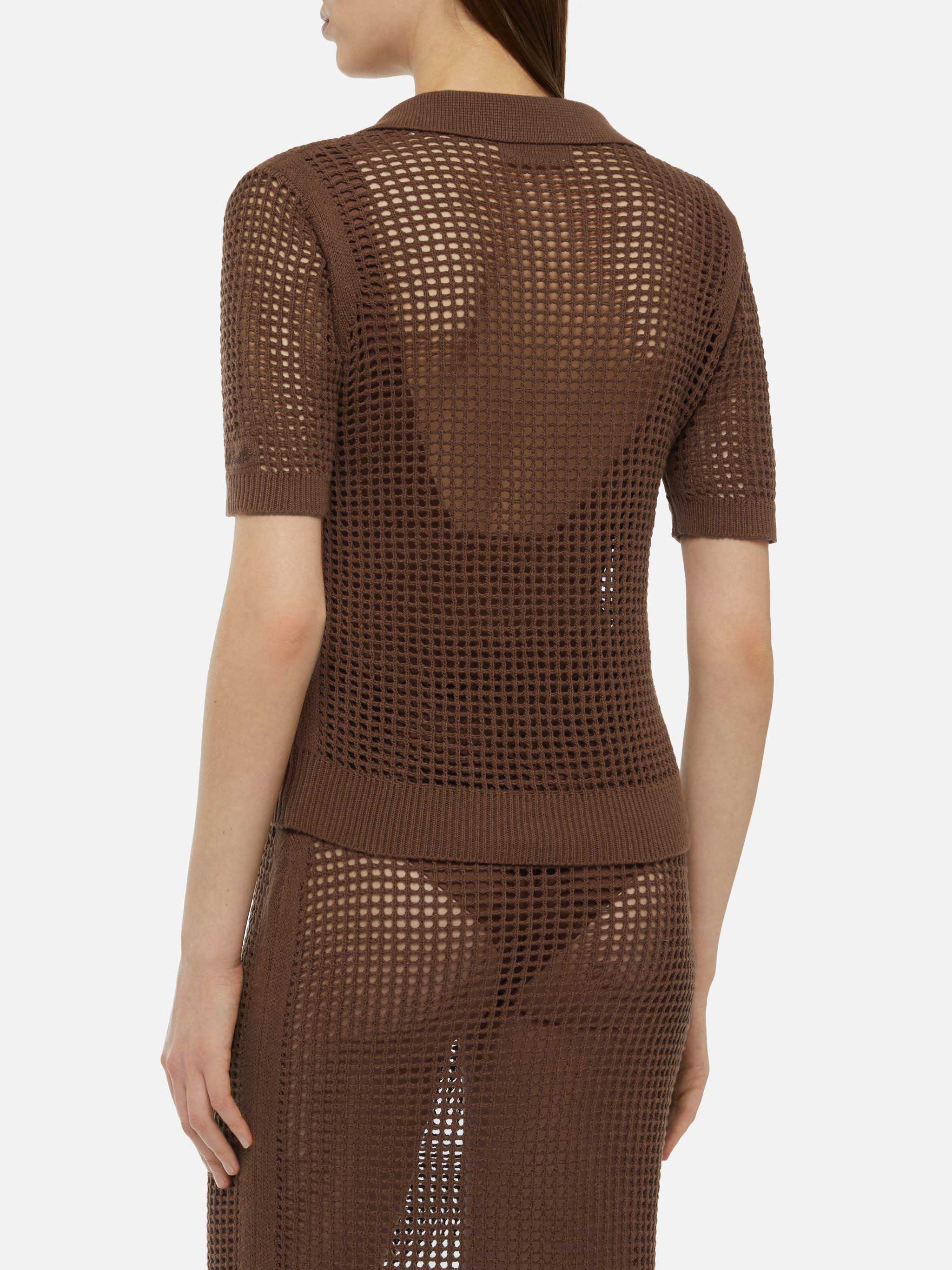 Flora bruine polo shirt met gehaakte mesh details