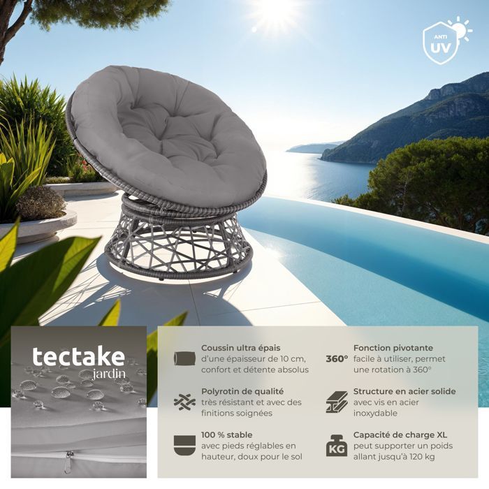 Sillón de jardín - TECTAKE - GARGANO, sillón de ratán para exteriores con cojín redondo resistente y cómodo - Gris