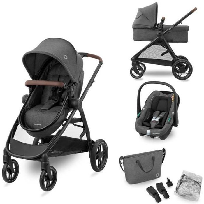 MAXI-COSI Trio Poussette 3 en 1 ZeliaS, Nacelle+Siège auto Cabriofix S iSize+Sac à langer+habillage pluie, 0-22Kg, Dark grey