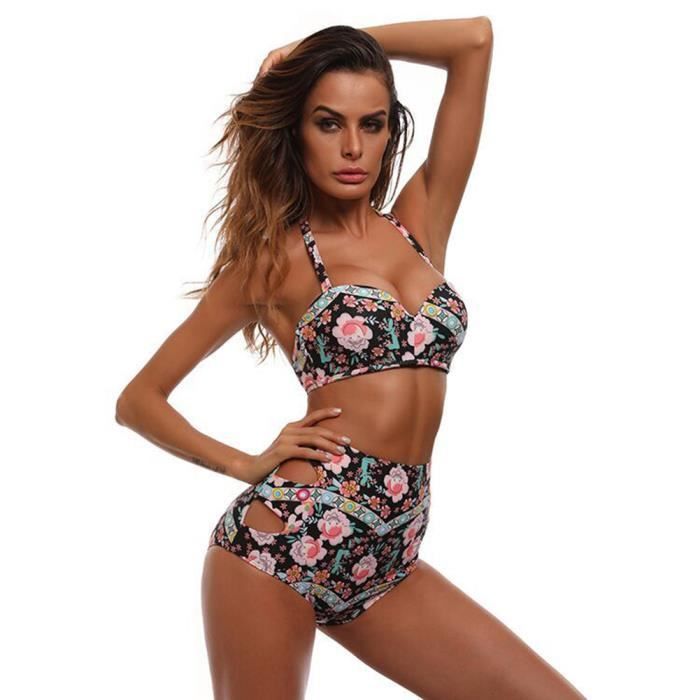 Stars® 2-Piece Women's Swimsuit Set with Floral Print Swim Shorts, Quick-Drying, for Beach, Sports, Swimming, Diving - Black