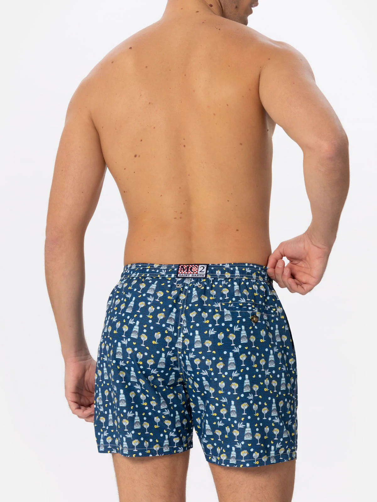 Man Classic Swim Shorts | Gin Mare All-Over Print Special Edition | Blue | Quick-Drying | Mid-Length | Elastic Waist | Drawstring | MC2 Saint Barth