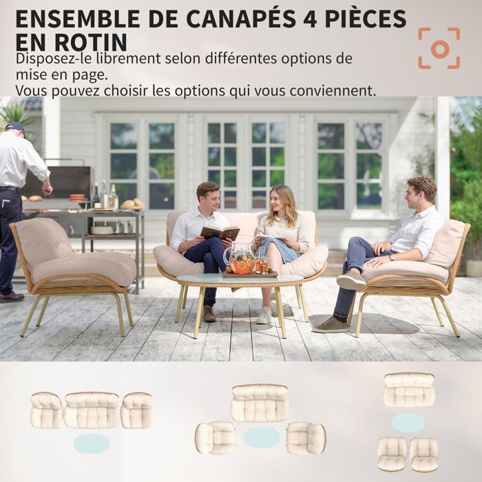 Conjunto de muebles de jardín de resina y mimbre - Outsunny - Cojines de 12 cm de grosor, sofá de 138 cm, 2 sillones y mesa - Beige