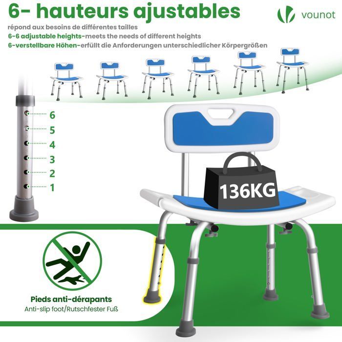 VOUNOT® Chaise de douche avec dossier ergonomique - Hauteur réglable - Pieds antidérapants - Siège en Aluminum HDPE - Bleu