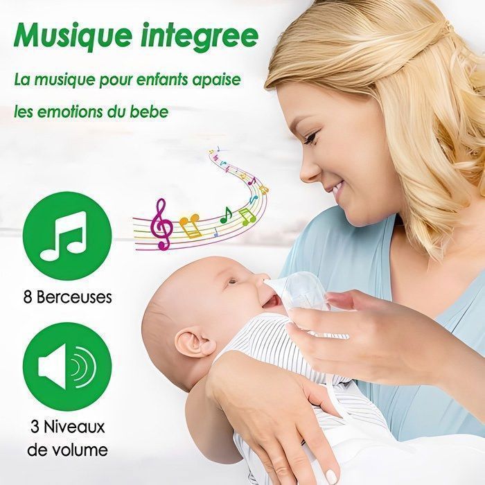 Mouche Bébé Électrique, BYONDSELF®, Aspirateur Nasal à 9 Vitesses avec Veilleuse, 8 Pièces Musicales, 2 Têtes en Silicone,