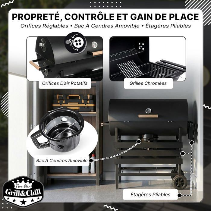 Five-Star Grill & Chill Barbecue charbon de bois - barbecue de jardin, barbecue charbon grande grille chromée 71×35 cm, GC0002