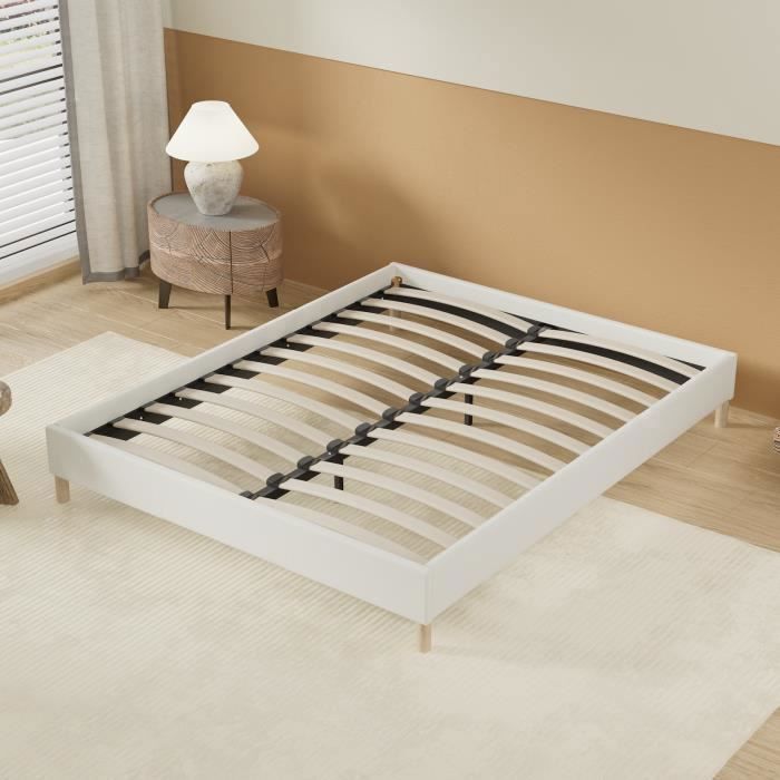 Bett mit Lattenrost 90 x 190 cm – Weißer Stoffbezug – Stabil und robust – Verstärkte Mittelbeine