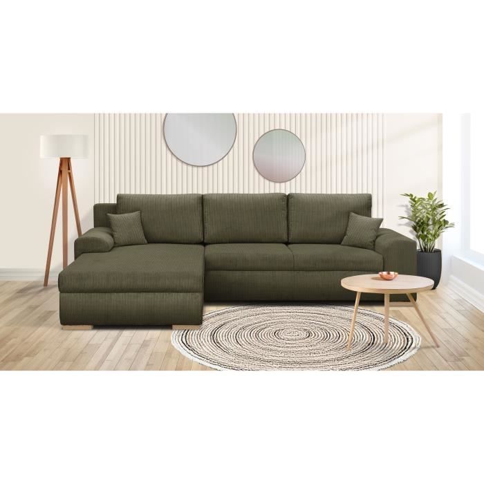 Canapé d'angle convertible - 5 places - INDIAN - Tissu velours côtelé Vert kaki - Coffre de rangement - 289 x 94/188 x 88 cm