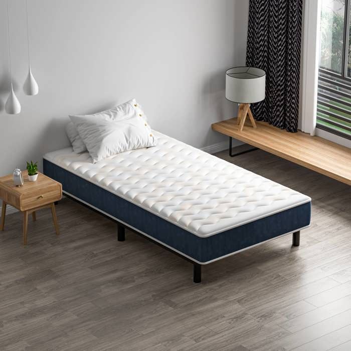 Colchón y base de cama STANEW de 90x190x15cm, espuma viscoelástica, estructura de hierro de 6 patas, resistente y transpirable.