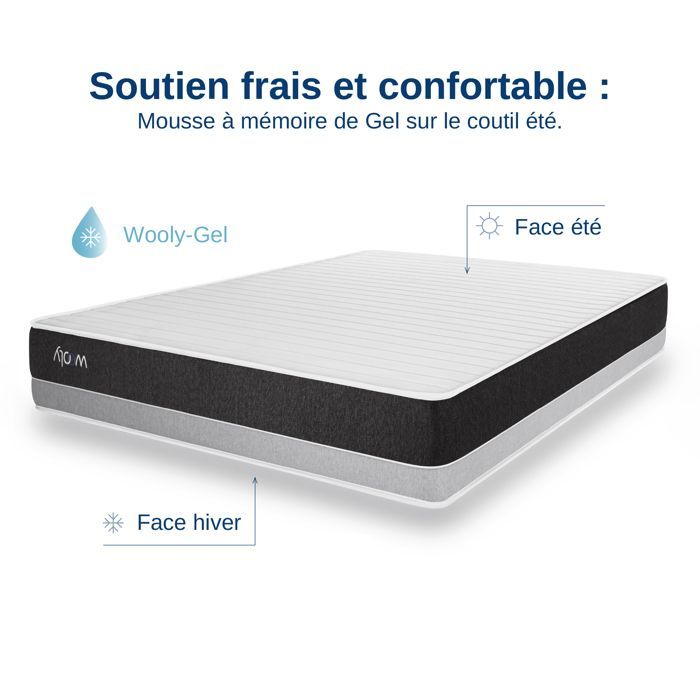 Matelas WOOLY LEVEL XXL 160x200 cm-TRES EPAIS 32 cm-Mousse GEL rafraîchissant mémoire de forme-HR 35 kg-Laine-Latex-OEKO TEX-Ferme