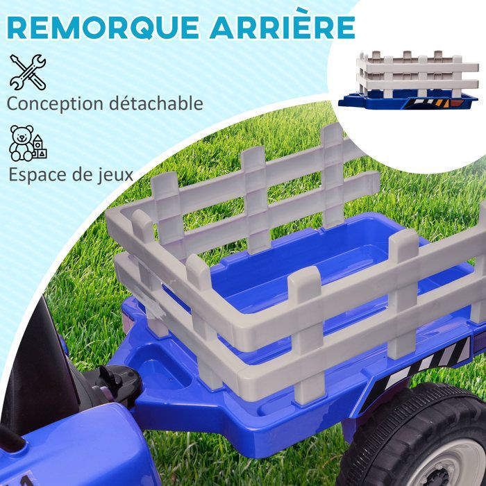 Tractor eléctrico HOMCOM con remolque desmontable, mando a distancia, reproductor de música MP3, pantalla y luces, para niños de 3 a 6 años, color azul.