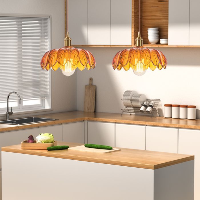 iDEGU 2pcs Suspension Luminaire Moderne en Verre,Lustre Vintage Abat-jour Design Fleurs Ambre Lampe de Plafond Retro pour