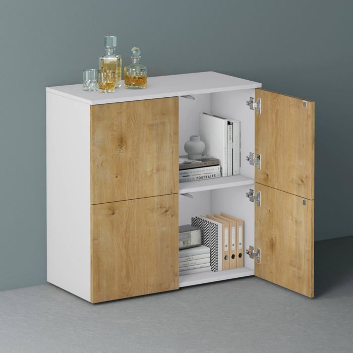 Mai & Mai Meuble de Rangement avec 4 Portes et 4 Compartiments Blanc Mat + Marron Clair 76x36,4x74 cm SR04