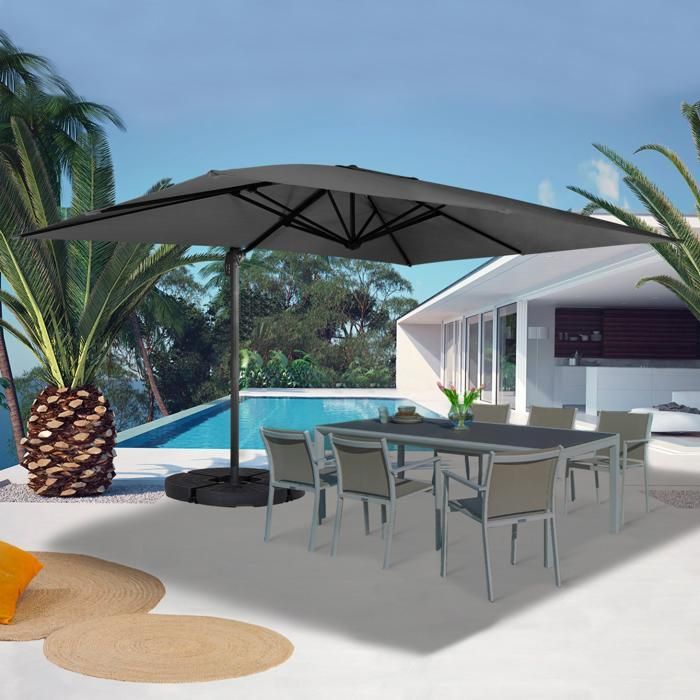 IDMARKET CALVI 3x4m Grijze Kantelbare Draaibare Parasol met 4 Voetplaten en Hoes
