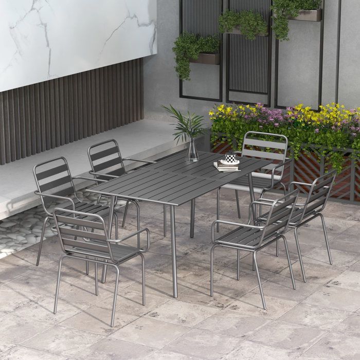 Salon de jardin Outsunny ensemble salle à manger de jardin 7 pièces avec 1 table et 6 chaises empilables en acier gris