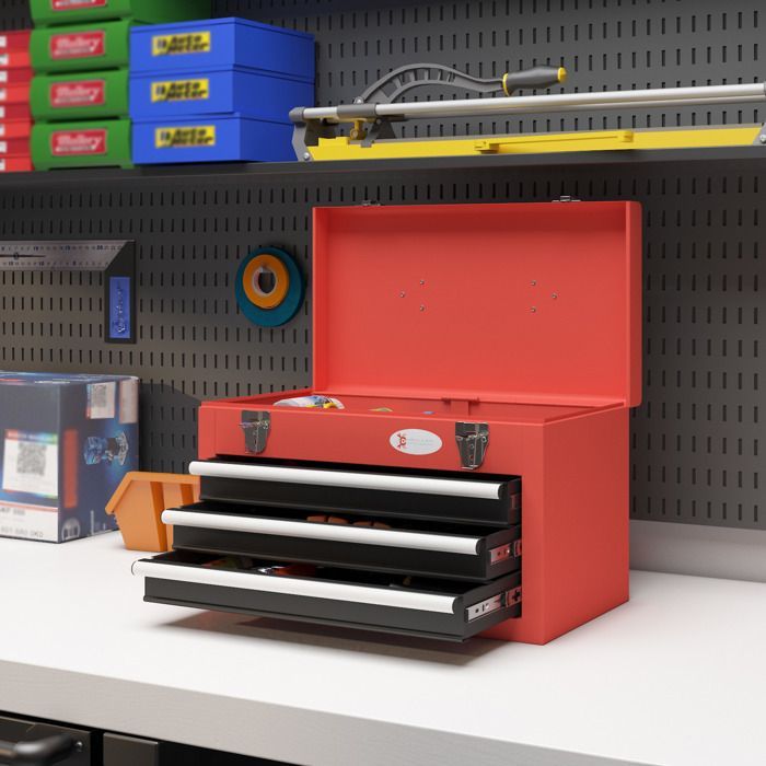 Caja de herramientas - DURHAND - acero, 3 cajones deslizantes, 1 bandeja, asa con cerradura, alfombrilla - acero - 45x24x27cm - rojo