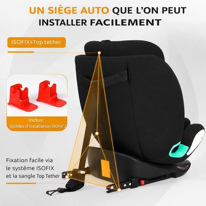 Siège auto i-Size 360° ISOFIX + Top Tether 40-150 cm, dos/face route, ECE R129, noir