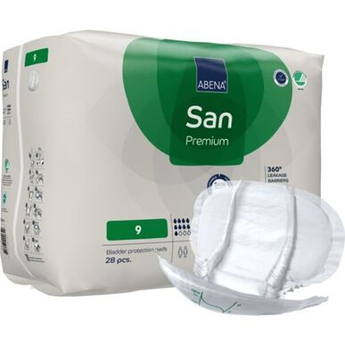 Abena San Premium 360 noplūdes barjeras, 9 nesaturēšanas ieliktņi, anatomiska forma, 28 vienības.
