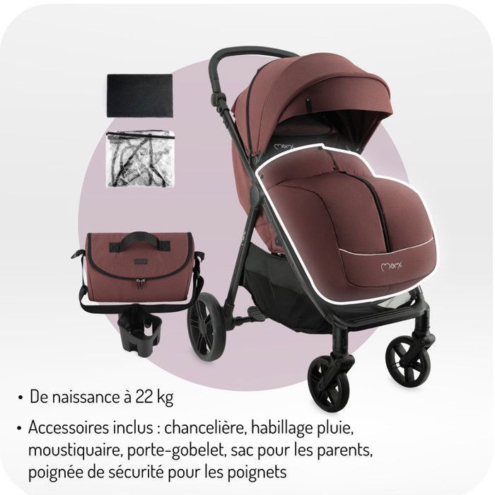 MoMi CLARA - Stroller 0m+ up to 22 kg - Rotating bar - Adjustable handle - Accessories included: bag, rain cover - Burgundy