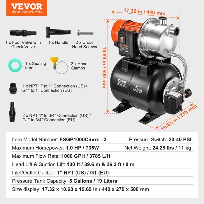 Bomba de refuerzo VEVOR-735 W - Bomba para pozos poco profundos con tanque de presión de 19 L, 3785 L/h - para césped y jardín.