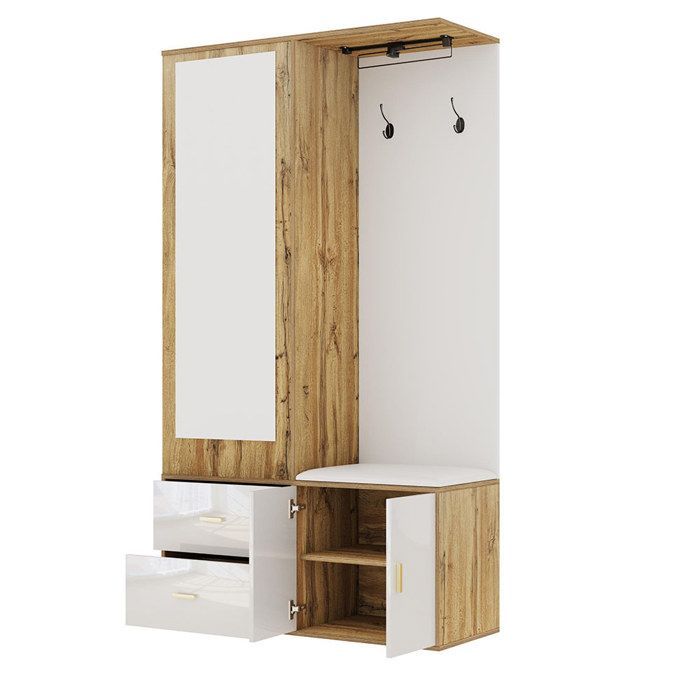 White and wood entryway wardrobe with mirror, shoe cabinet, shoe bench with hooks and sliding hangers