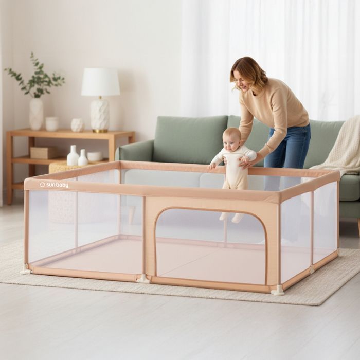 Sun Baby - Playpen 150x200 cm - 0-2 years Salmon - Zipped entrance, non-slip feet, carry bag, metal frame
