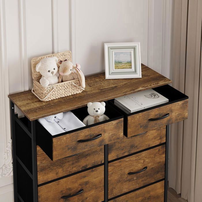 Commode WOLTU - Armoire en MDF - 8 Tiroirs en Tissu - Cadre métal - Marron Rustique W0ITT0094