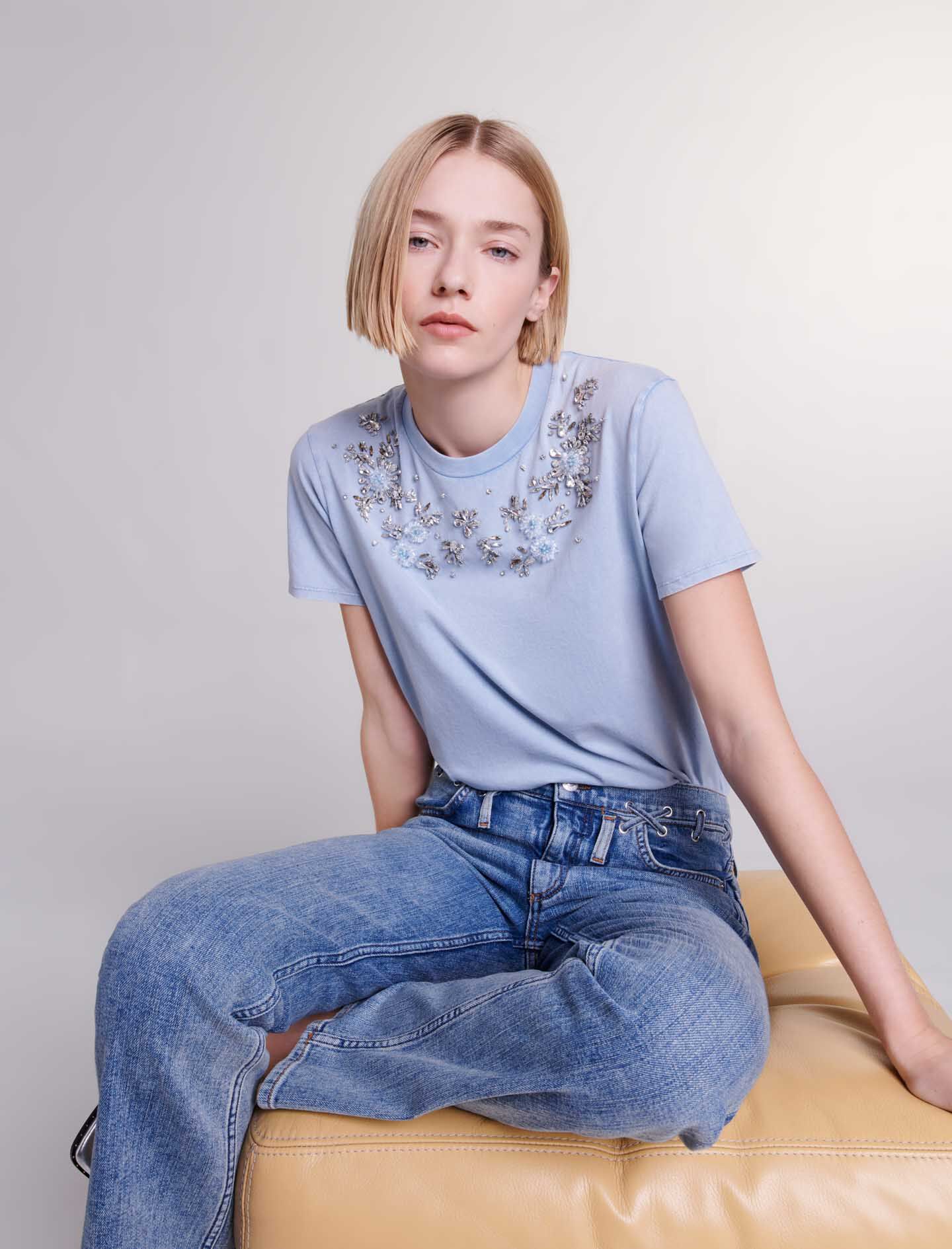 Tricou decorat cu sclipici - Albastru deschis