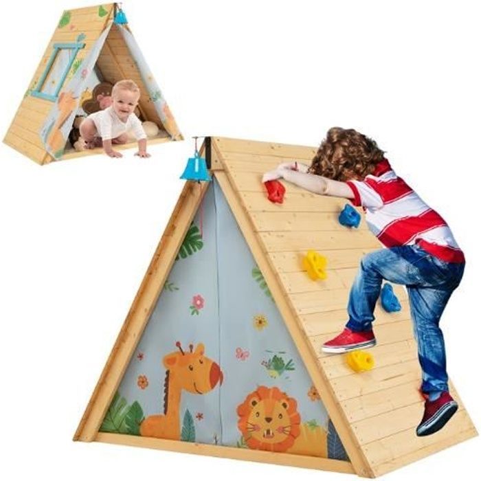 COSTWAY 2-in-1 Kinderspeelhuisje voor in de tuin met klimrek, waterdicht klokvormig speelhuisje van vurenhout voor binnen- en buitengebruik, kinderen van 3-8 jaar