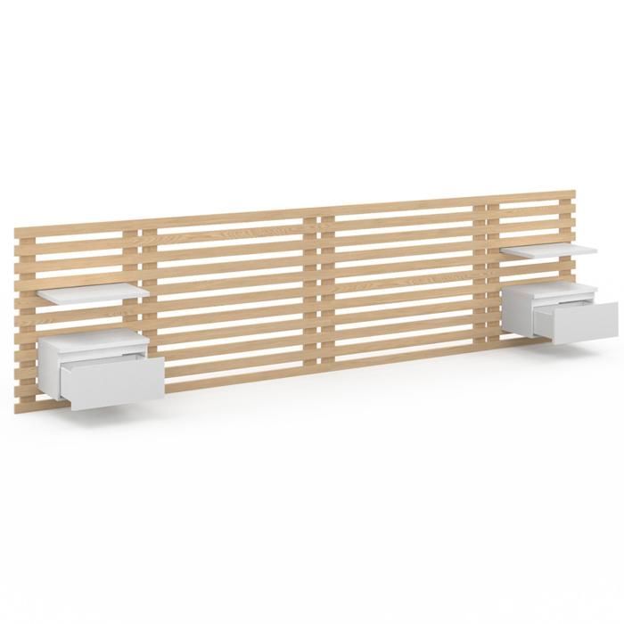IDMARKET Tête de lit suspendue en lattes AVA 240 cm avec chevets + tiroir façon bois clair et blanc