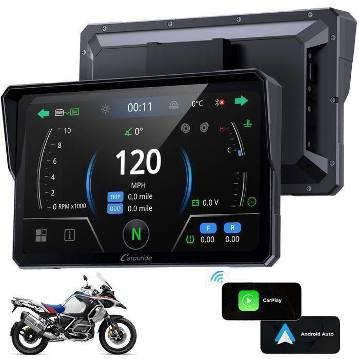 CARPURIDE W702BS Pro Autoradio Ecran Carplay pour BMW Moto , BMW Wonder Wheel, Carplay sans Fil & Android Auto,Lecture de données